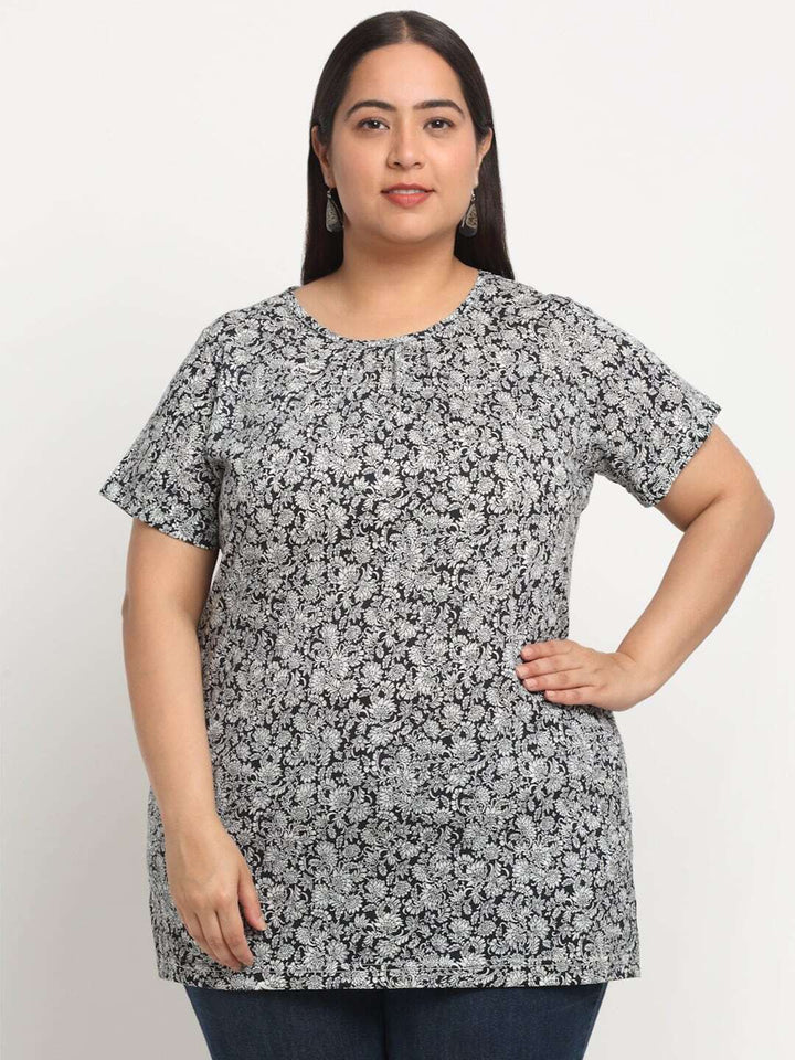 Plus Size  Floral Printed Longline Cotton T-shirt