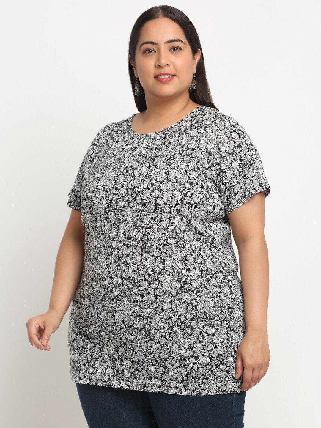 Plus Size  Floral Printed Longline Cotton T-shirt