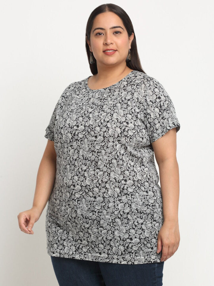 Plus Size  Floral Printed Longline Cotton T-shirt