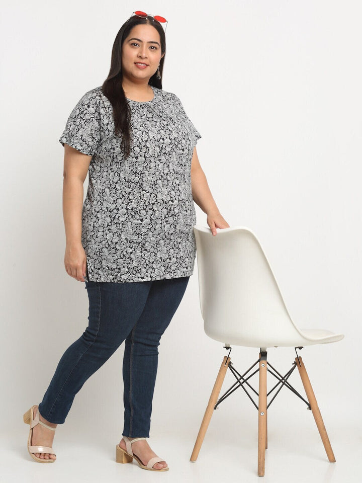 Plus Size  Floral Printed Longline Cotton T-shirt
