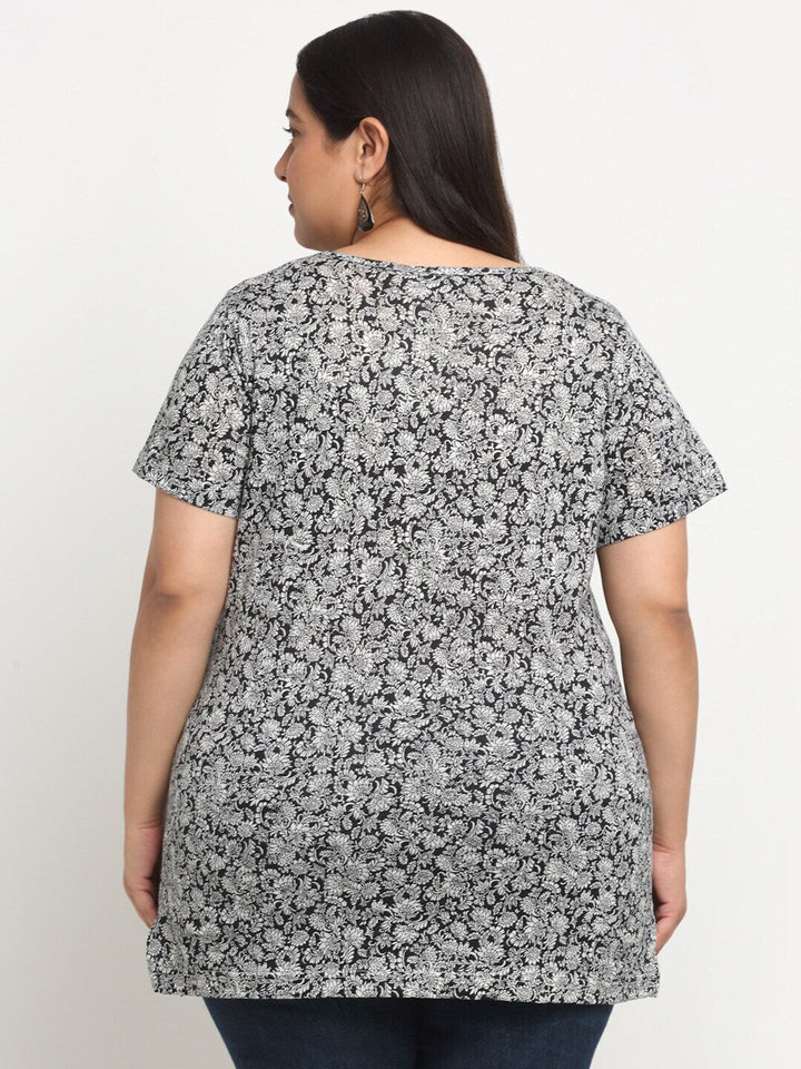 Plus Size  Floral Printed Longline Cotton T-shirt