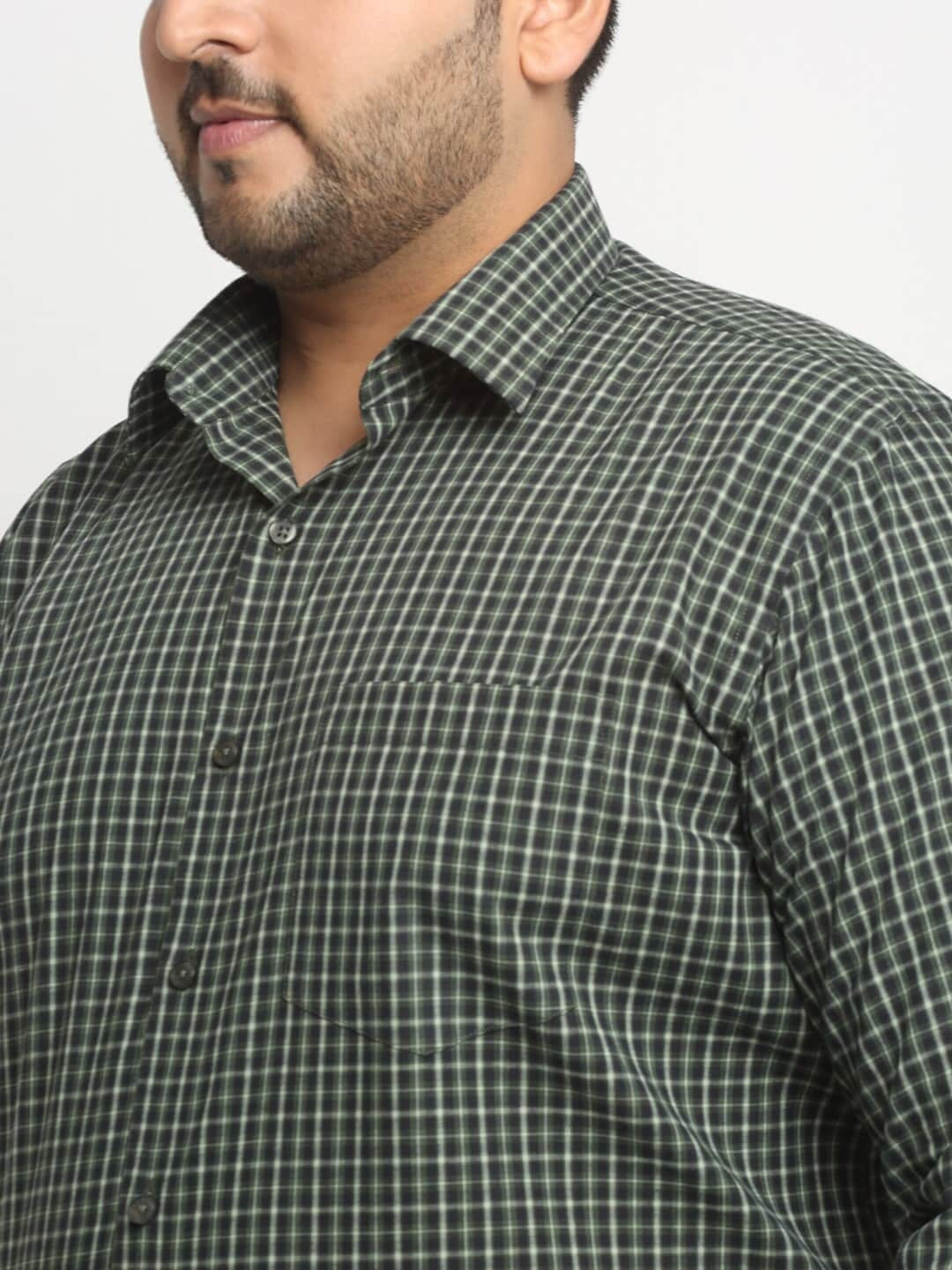 Plus Size Green Micro Checked Spread Collar Cotton Formal Shirt