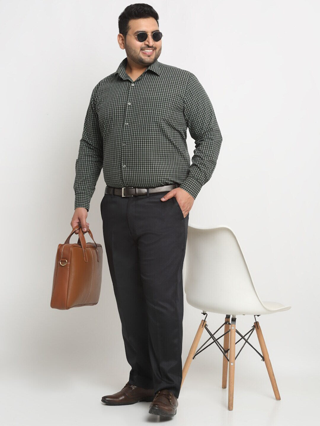 Plus Size Green Micro Checked Spread Collar Cotton Formal Shirt