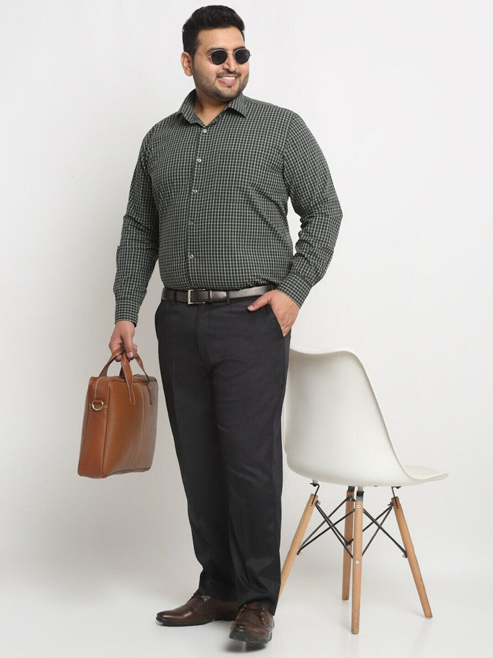 Plus Size Green Micro Checked Spread Collar Cotton Formal Shirt