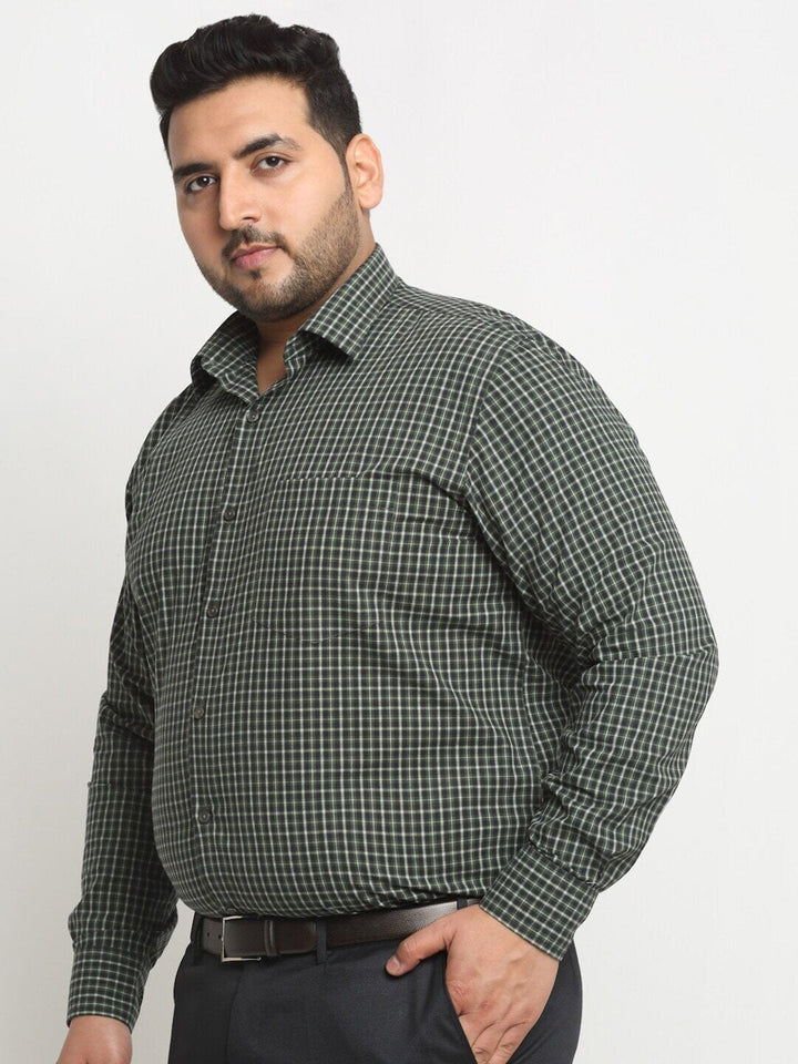Plus Size Green Micro Checked Spread Collar Cotton Formal Shirt
