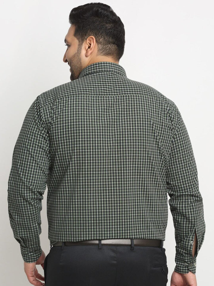 Plus Size Green Micro Checked Spread Collar Cotton Formal Shirt