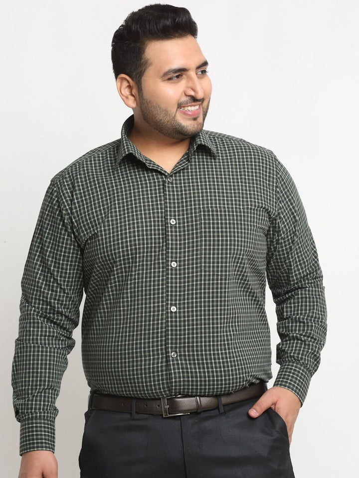 Plus Size Green Micro Checked Spread Collar Cotton Formal Shirt