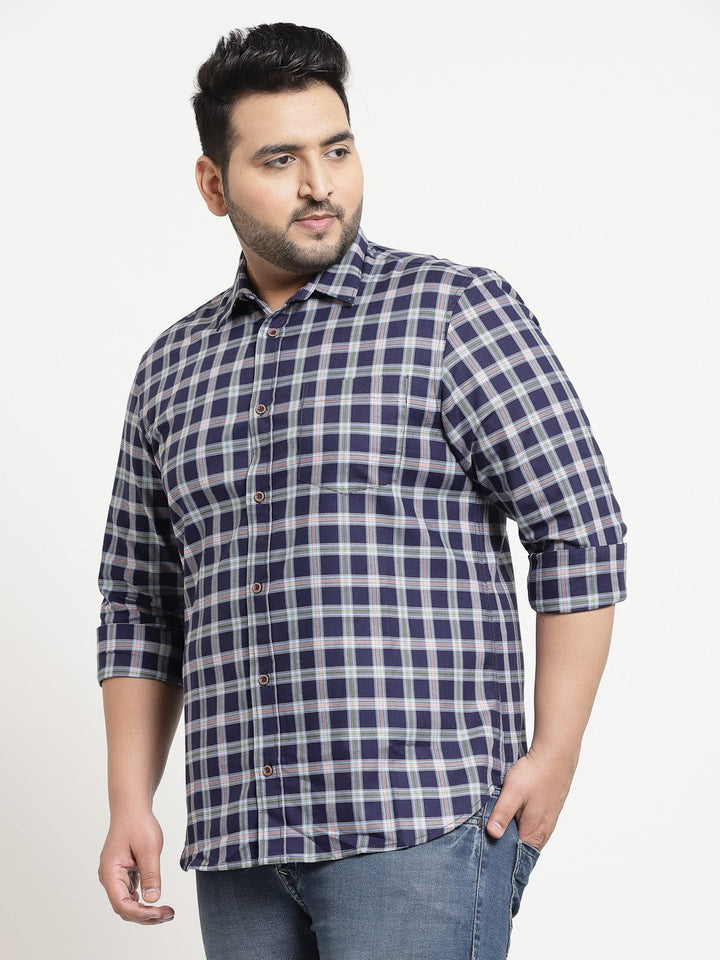 Plus Size Men  Blue  Green Checked Cotton Casual Shirt