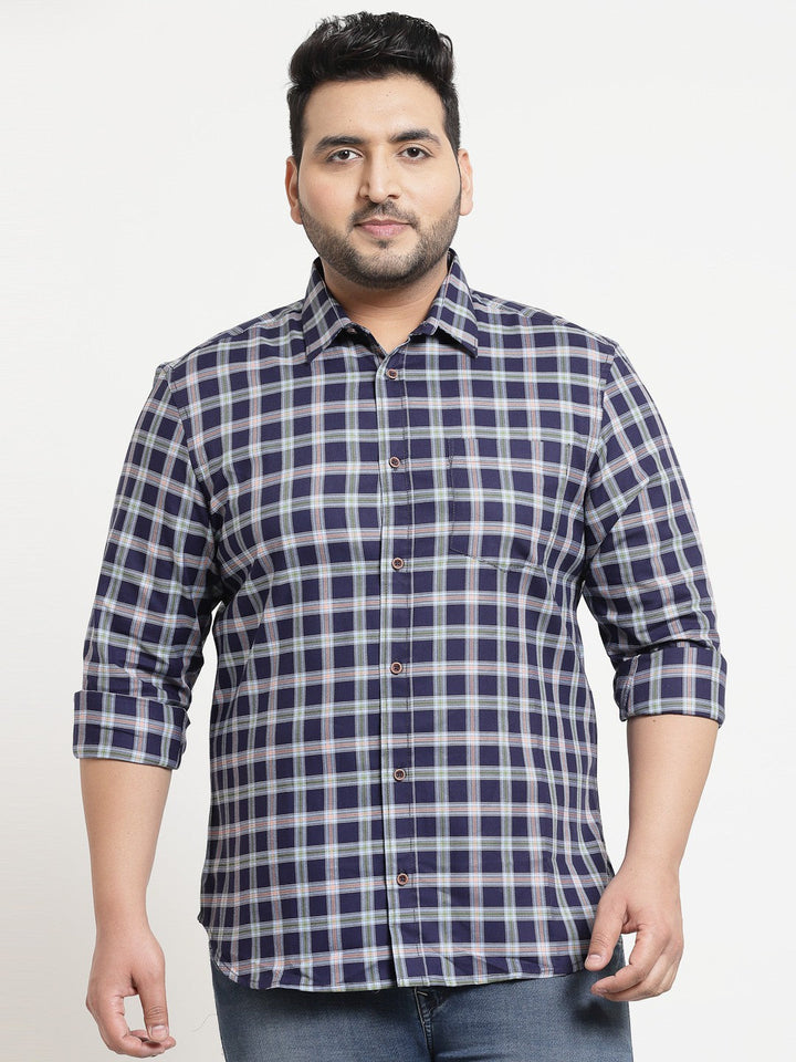 Plus Size Men  Blue  Green Checked Cotton Casual Shirt