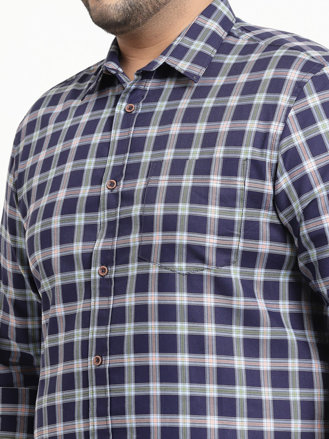 Plus Size Men  Blue  Green Checked Cotton Casual Shirt