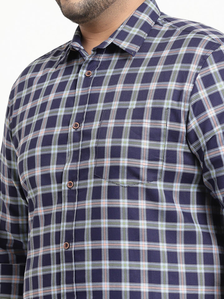 Plus Size Men  Blue  Green Checked Cotton Casual Shirt