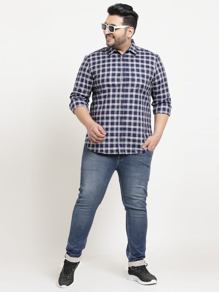 Plus Size Men  Blue  Green Checked Cotton Casual Shirt