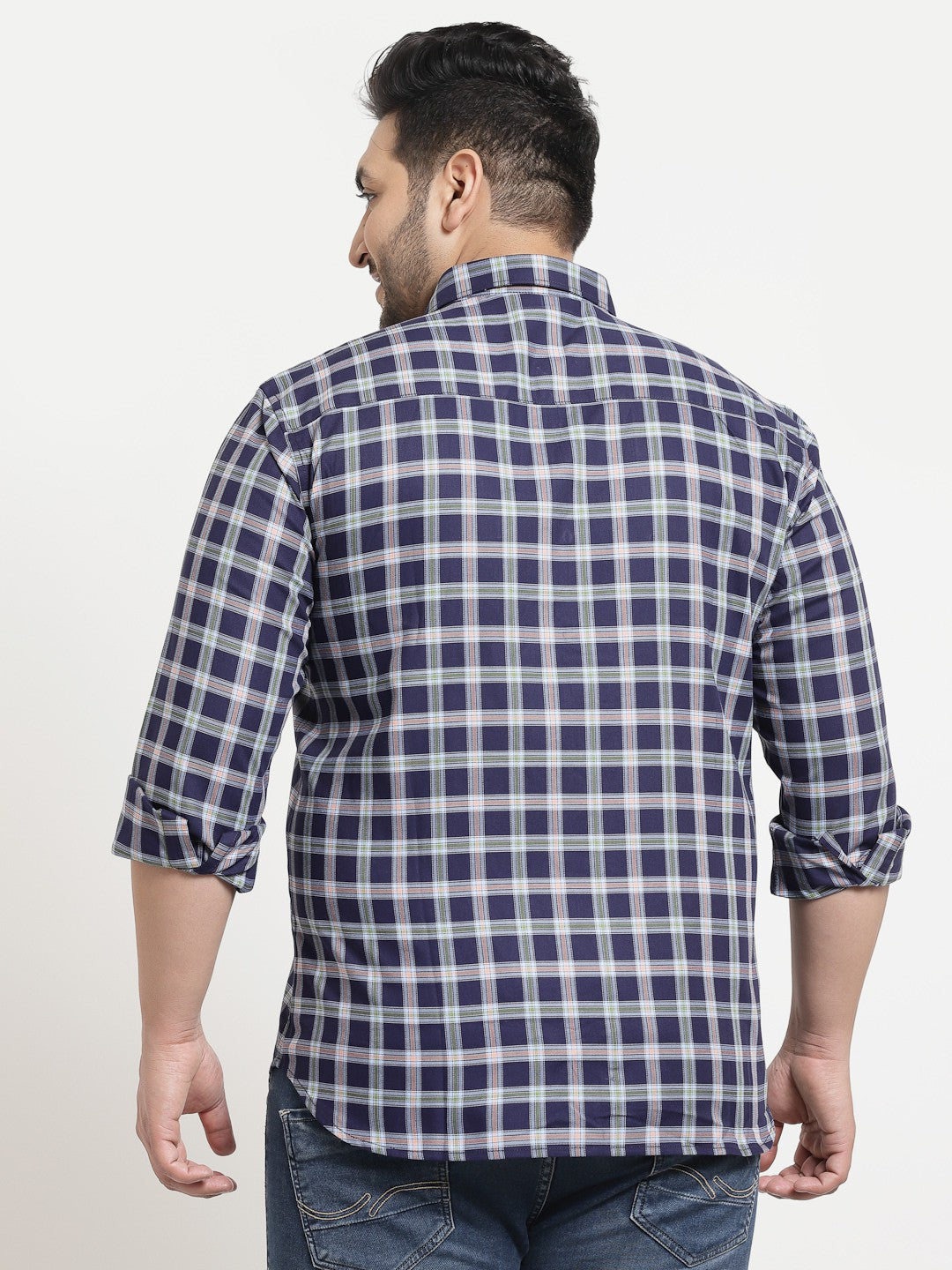 Plus Size Men  Blue  Green Checked Cotton Casual Shirt