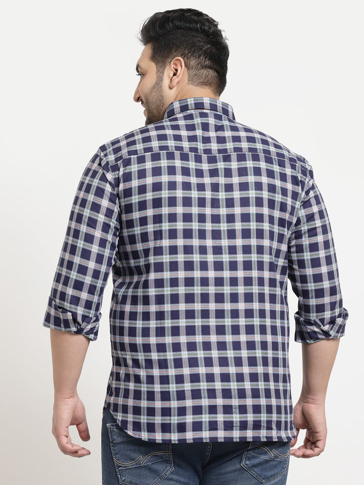 Plus Size Men  Blue  Green Checked Cotton Casual Shirt