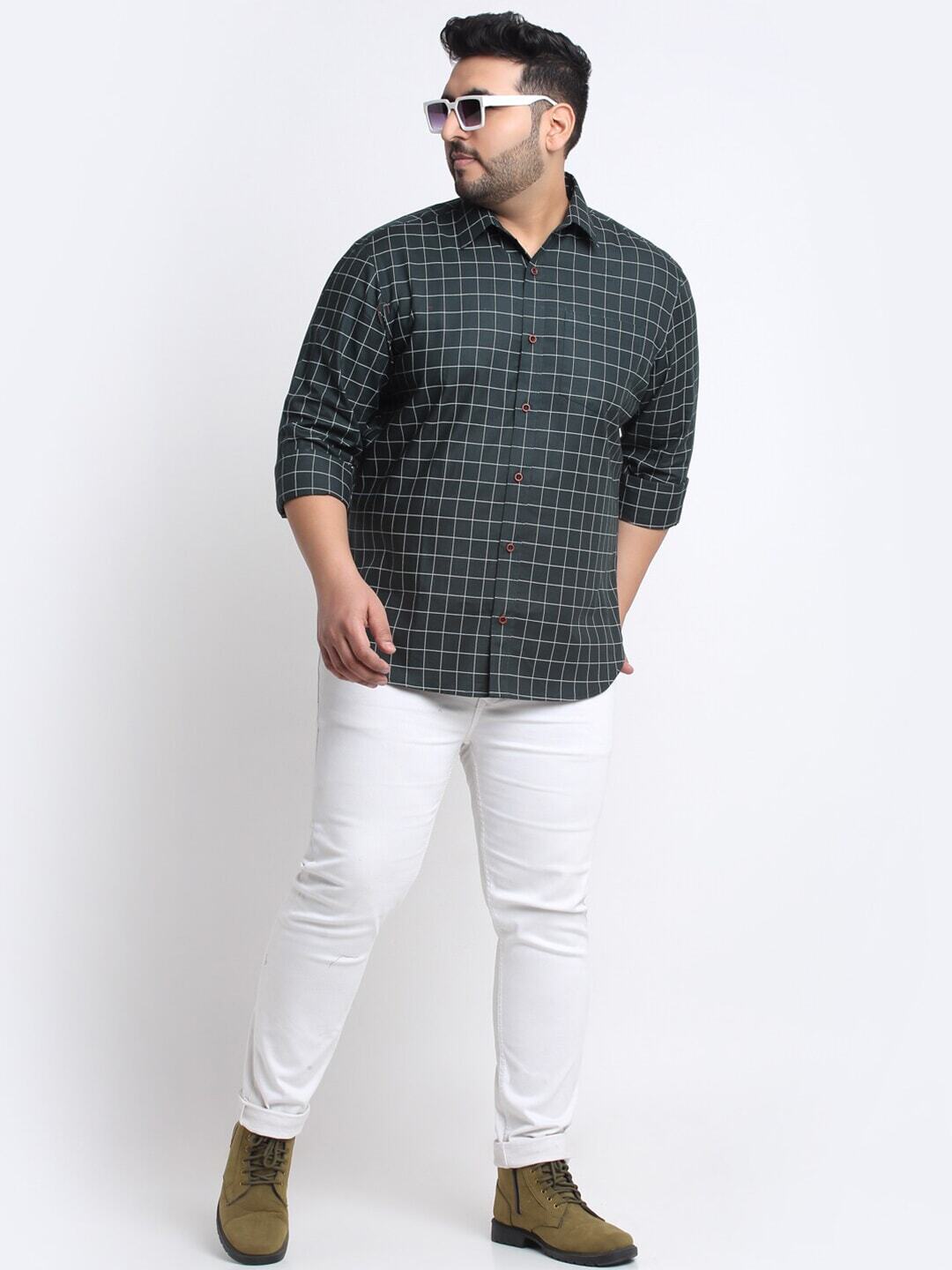 Plus Size Men  Grid Tattersall Checks Cotton Casual Shirt