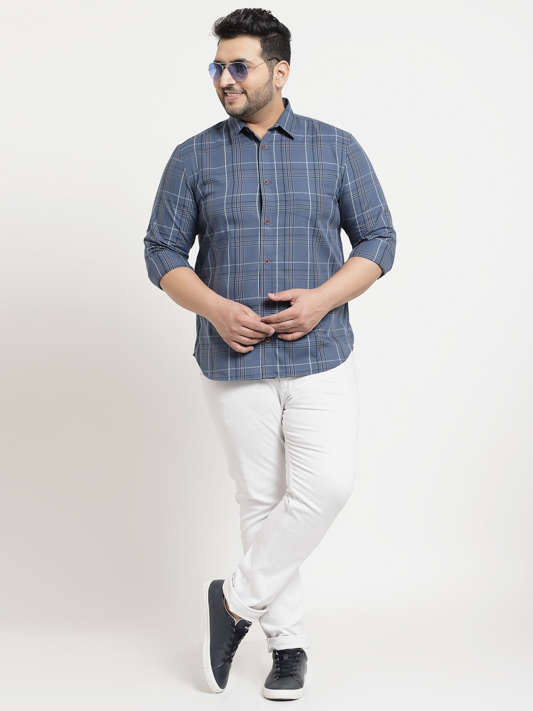 Plus Size Men  Blue  White Checked Cotton Casual Shirt
