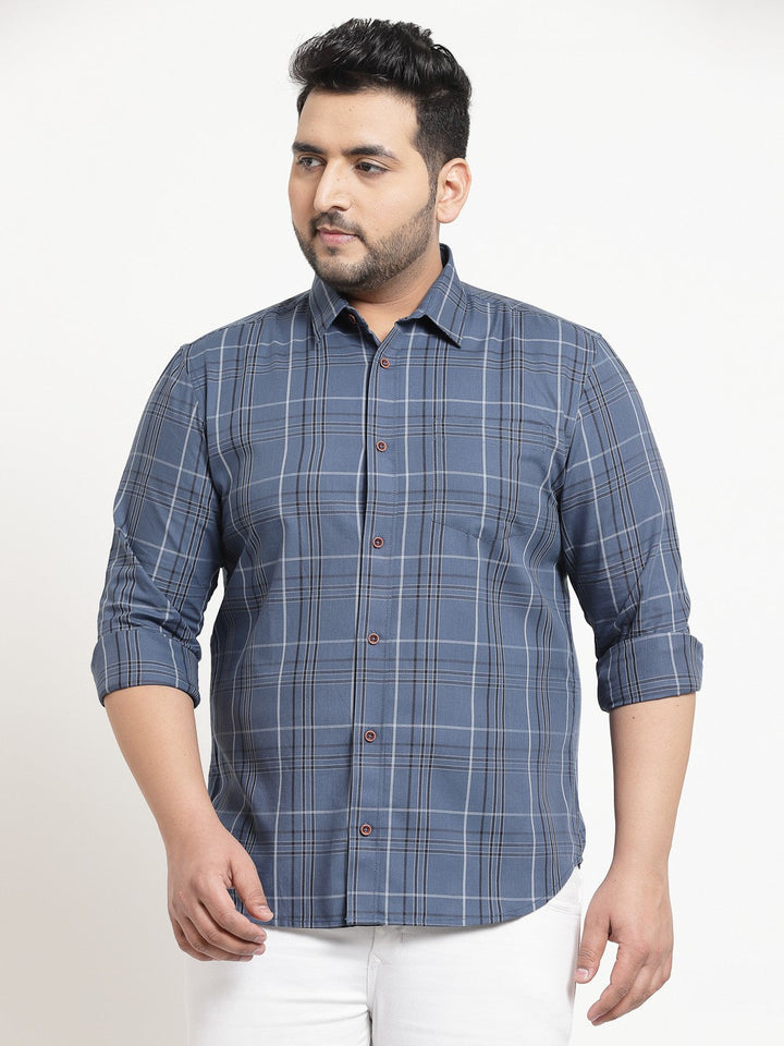 Plus Size Men  Blue  White Checked Cotton Casual Shirt