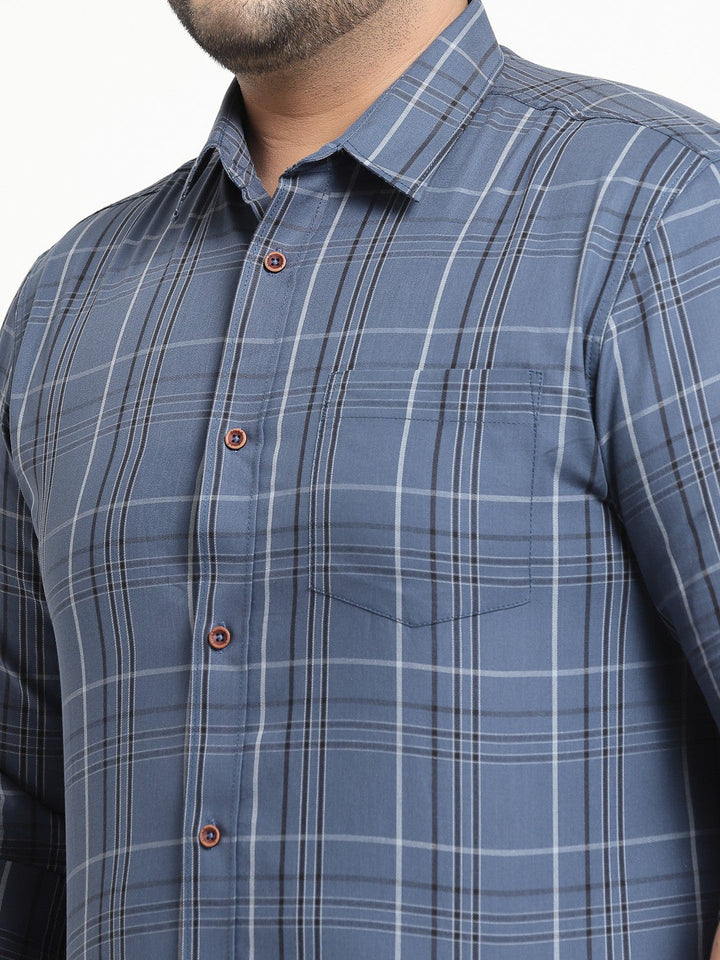 Plus Size Men  Blue  White Checked Cotton Casual Shirt