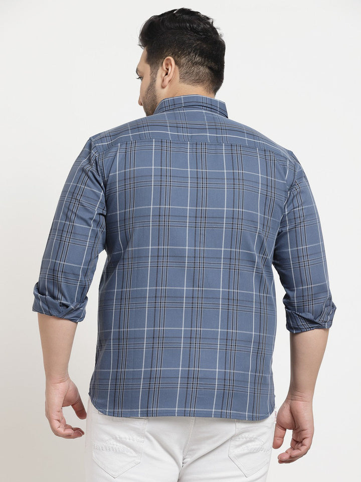 Plus Size Men  Blue  White Checked Cotton Casual Shirt