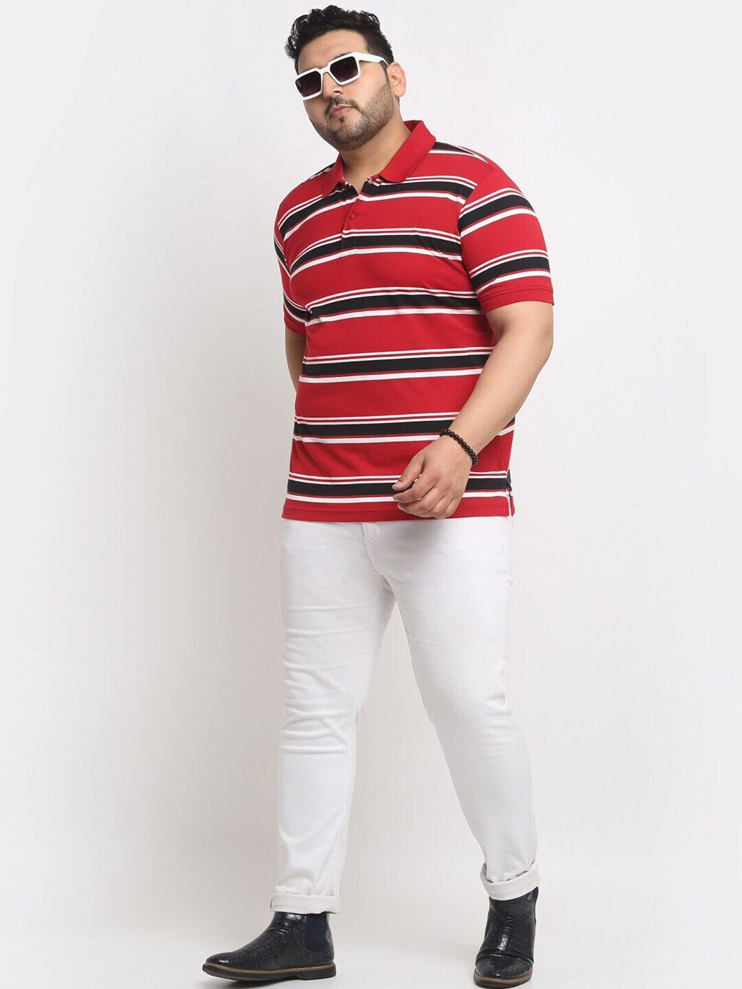 Plus Size Red And Black Striped Polo Collar Cotton T-Shirt