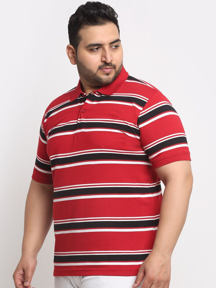 Plus Size Red And Black Striped Polo Collar Cotton T-Shirt