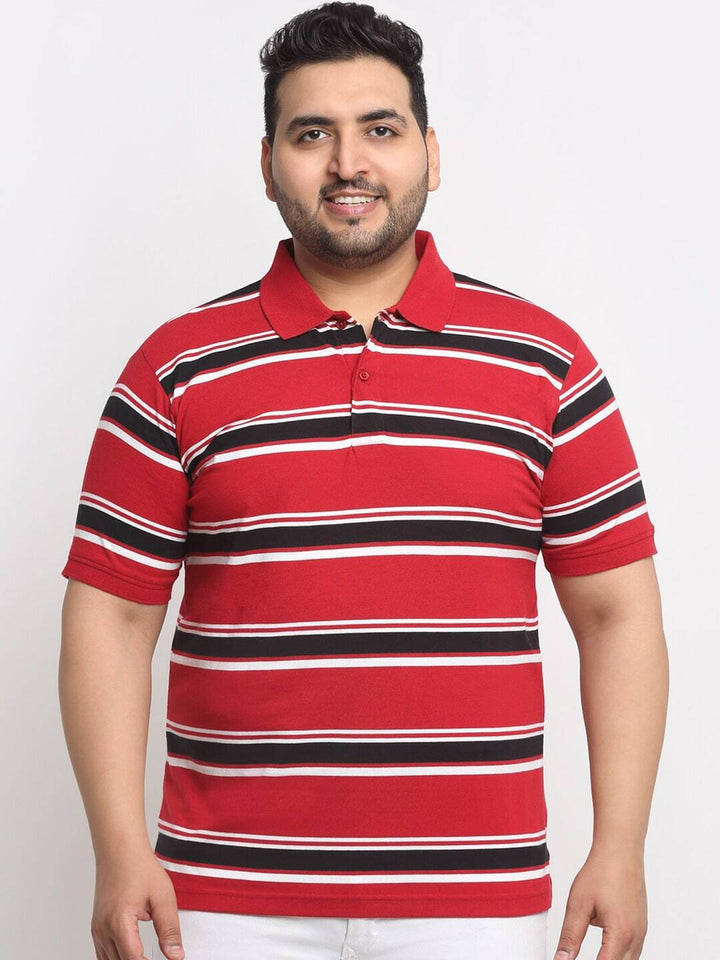 Plus Size Red And Black Striped Polo Collar Cotton T-Shirt