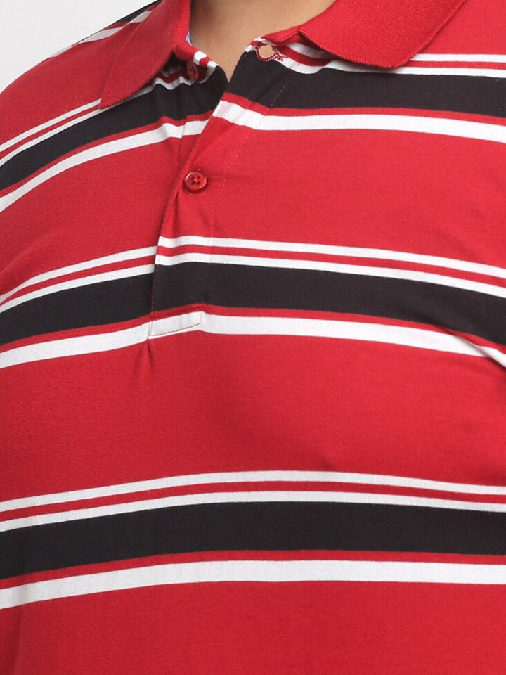 Plus Size Red And Black Striped Polo Collar Cotton T-Shirt