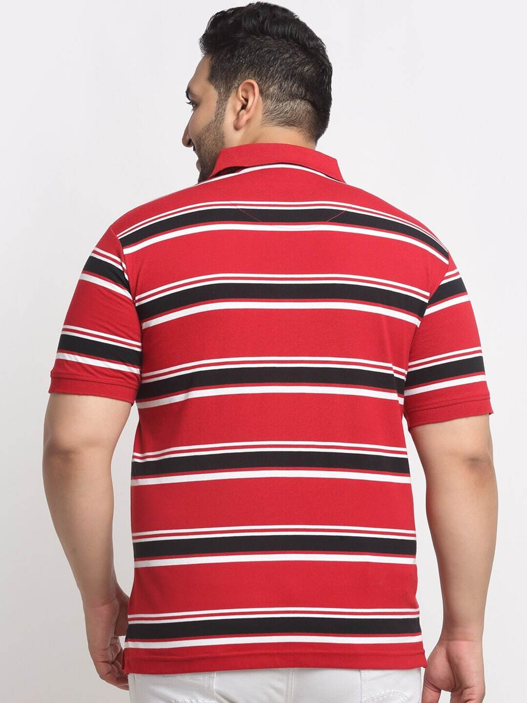 Plus Size Red And Black Striped Polo Collar Cotton T-Shirt