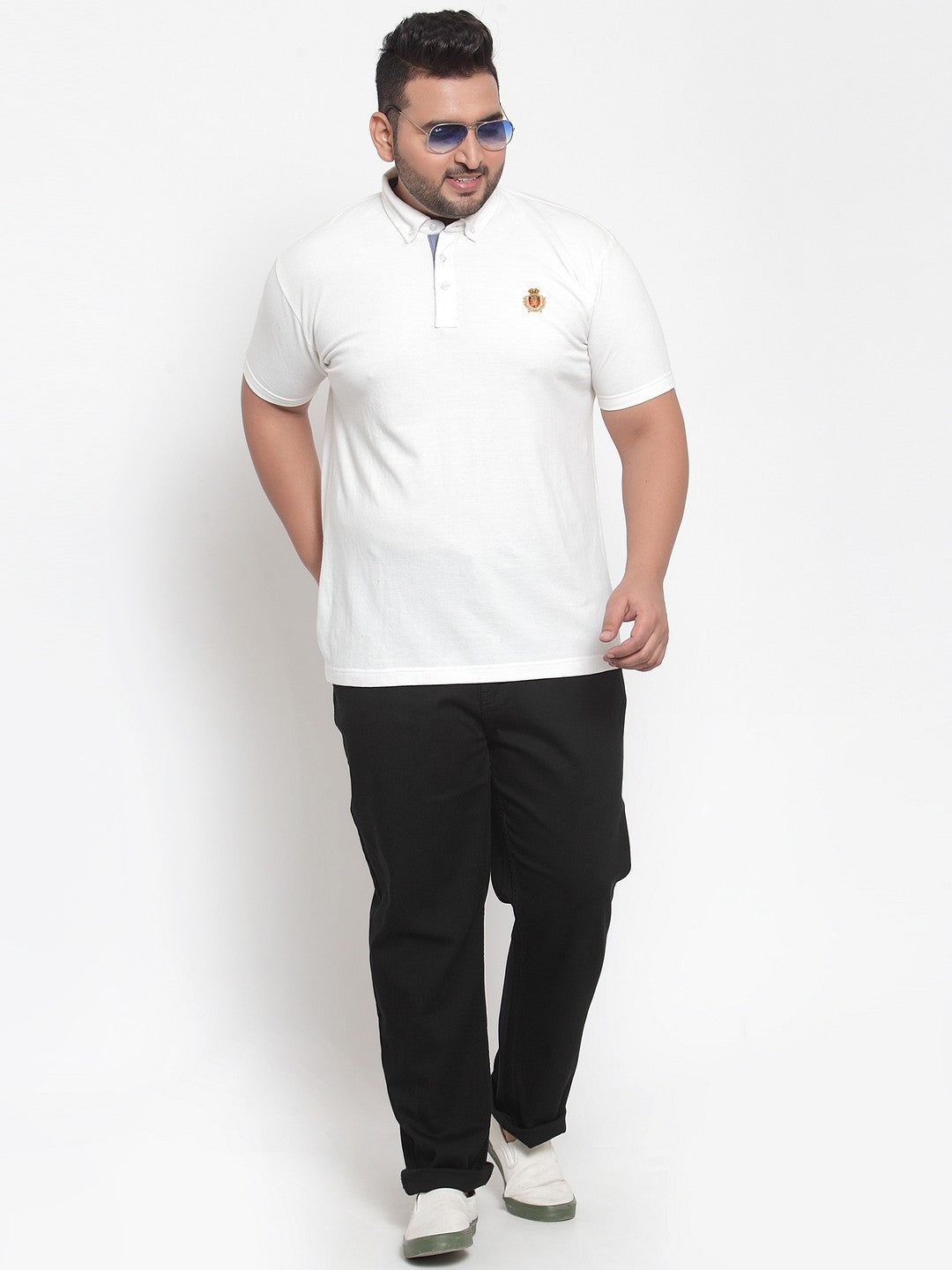 Plus Size Men White Solid Polo Collar Pure Cotton T-shirt