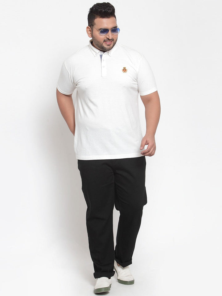 Plus Size Men White Solid Polo Collar Pure Cotton T-shirt