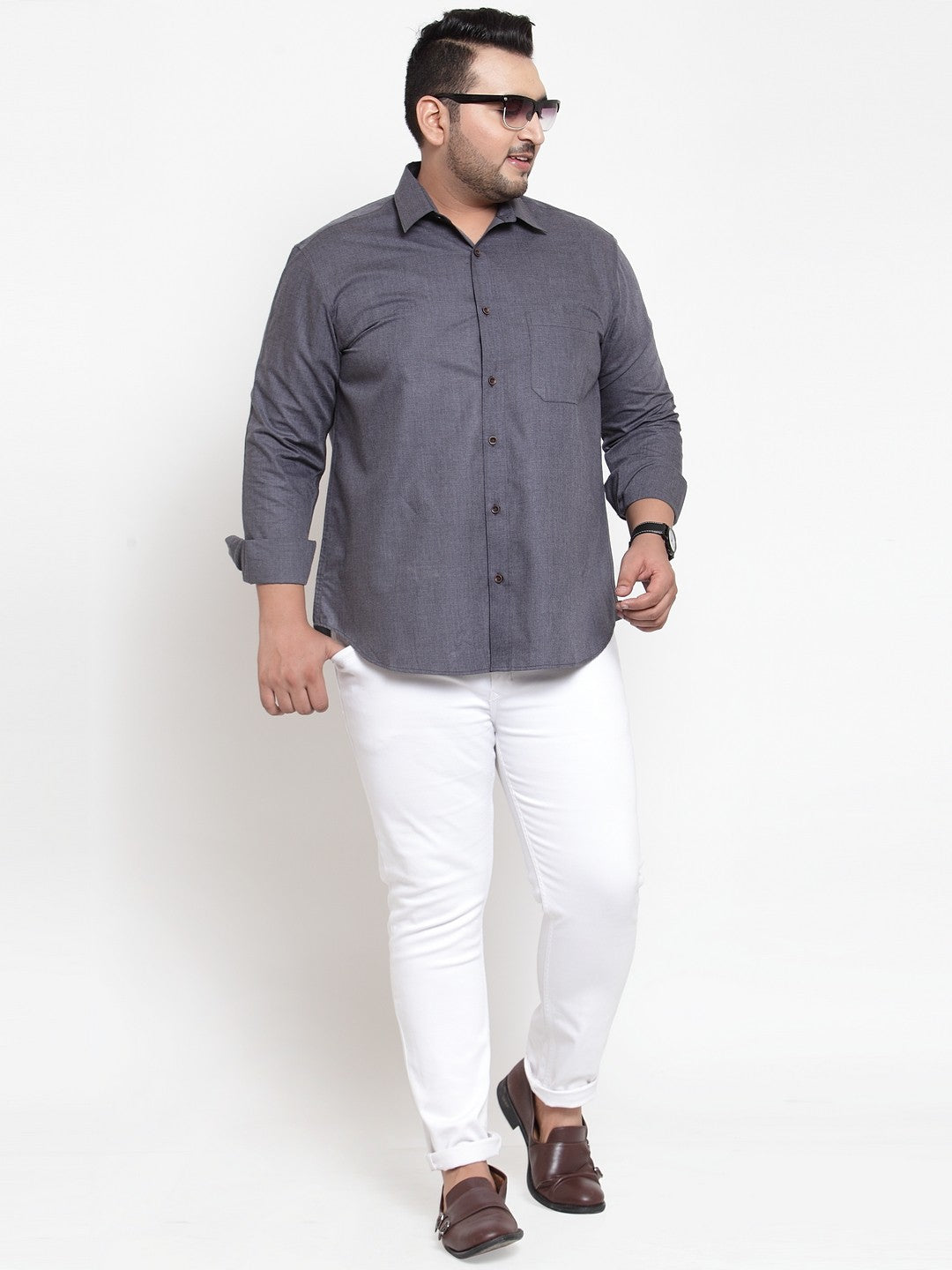 Plus Size Men Grey Regular Fit Self Design Casual Shirt