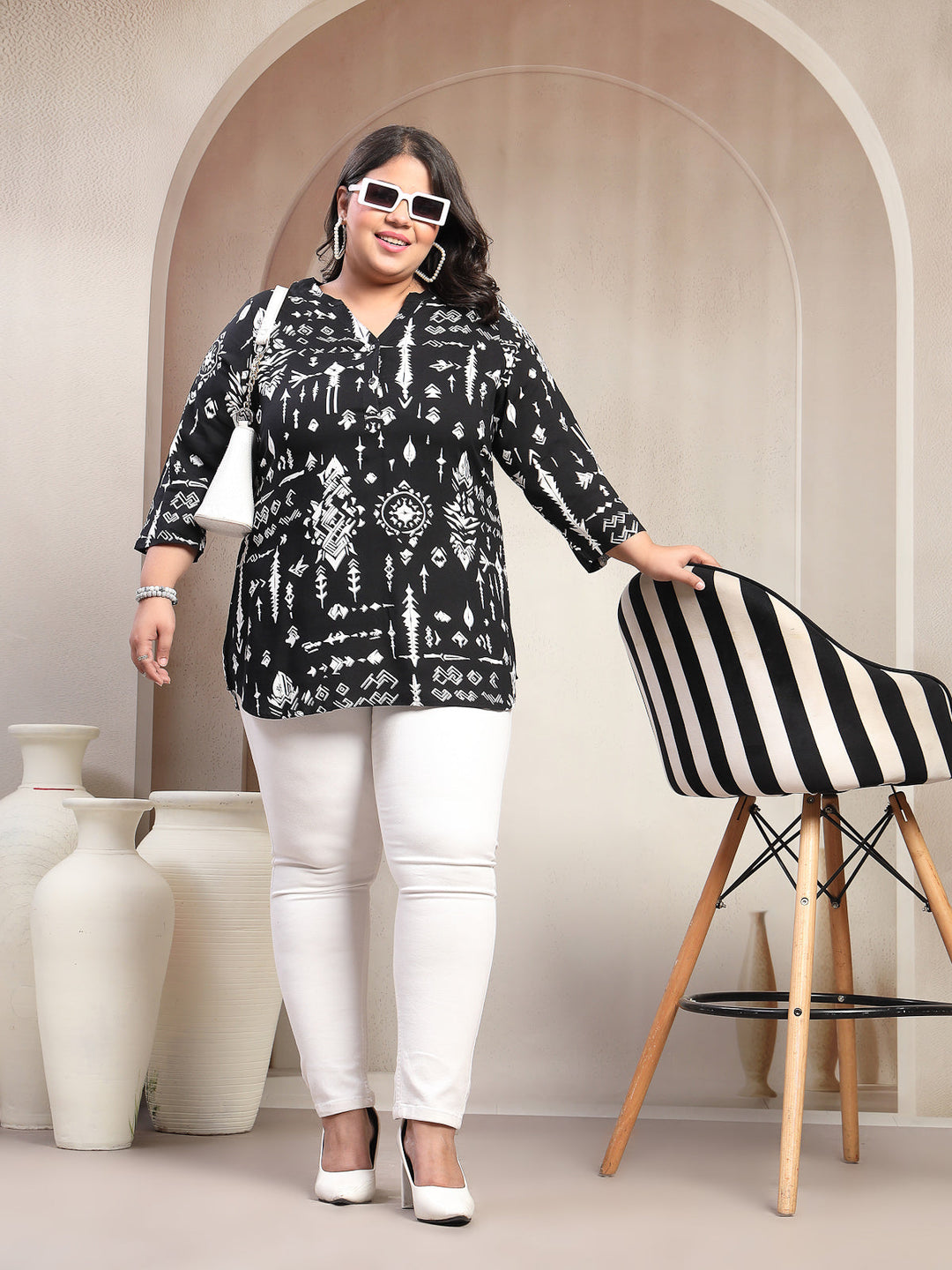 Plus Size Tribal Printed V-Neck Top