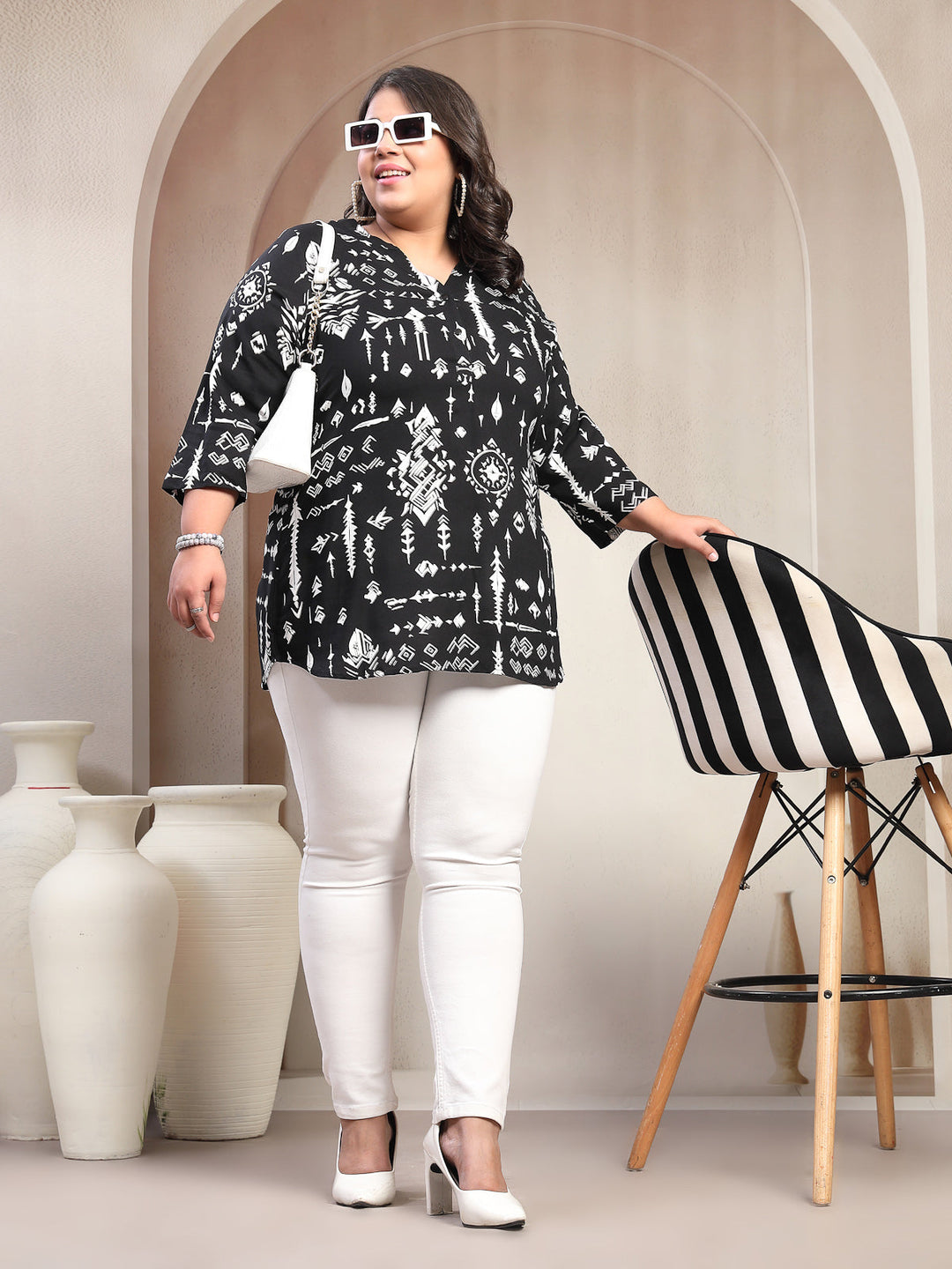 Plus Size Tribal Printed V-Neck Top