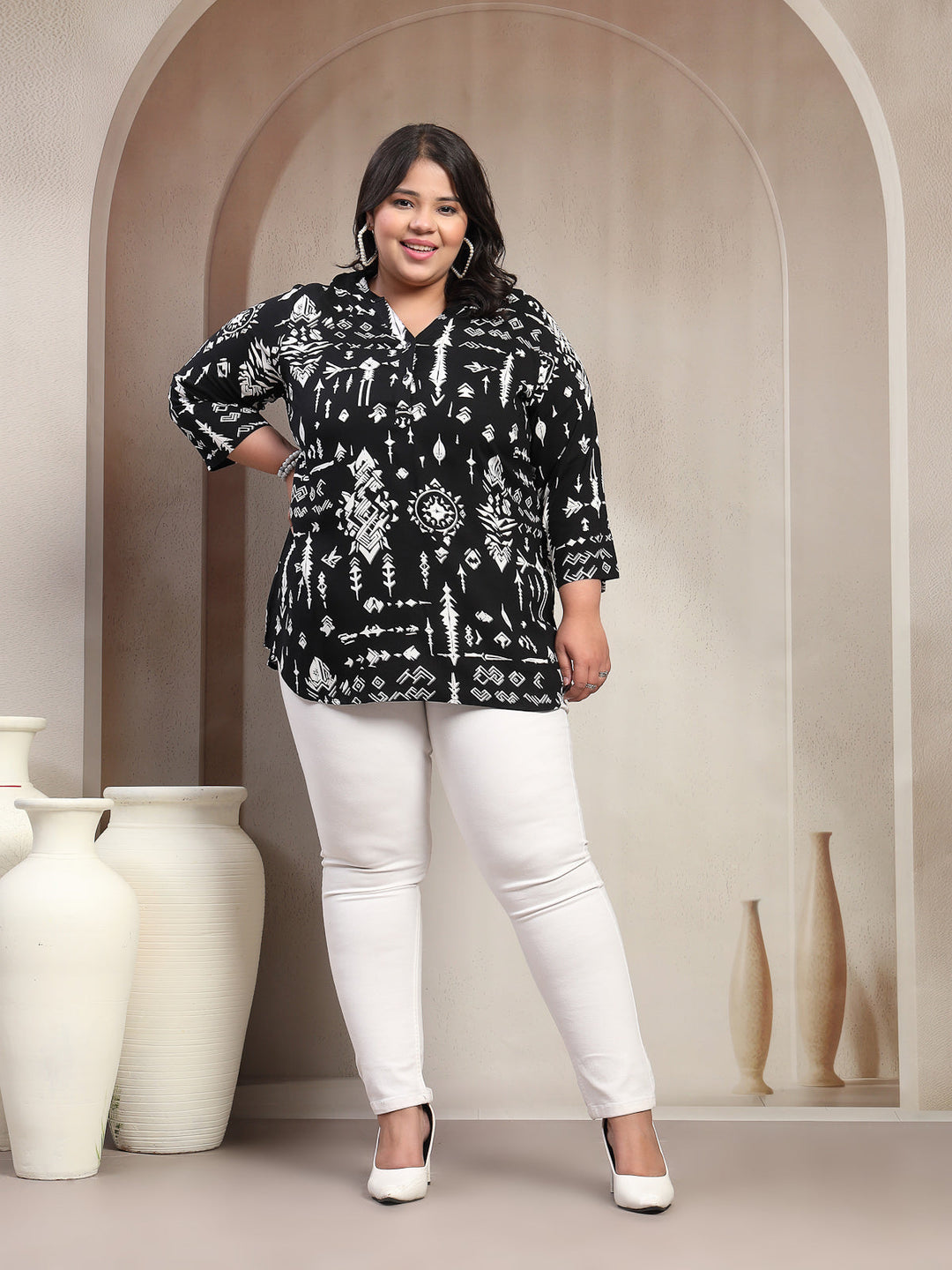 Plus Size Tribal Printed V-Neck Top
