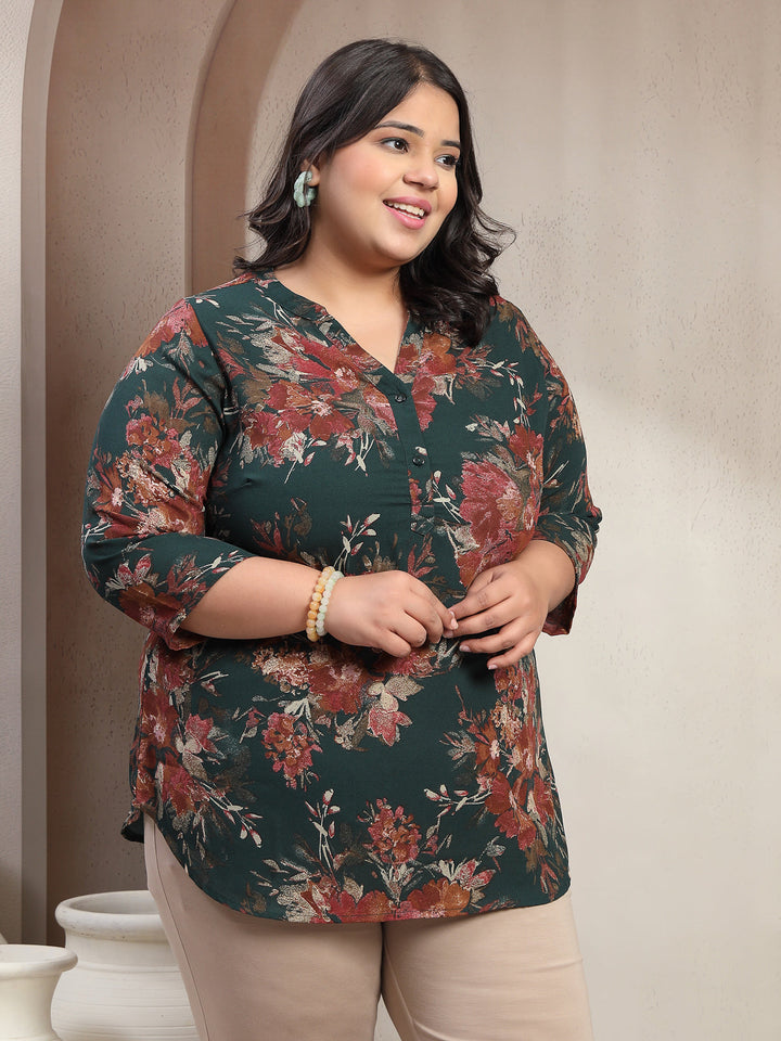Plus Size Floral Printed V-Neck Top