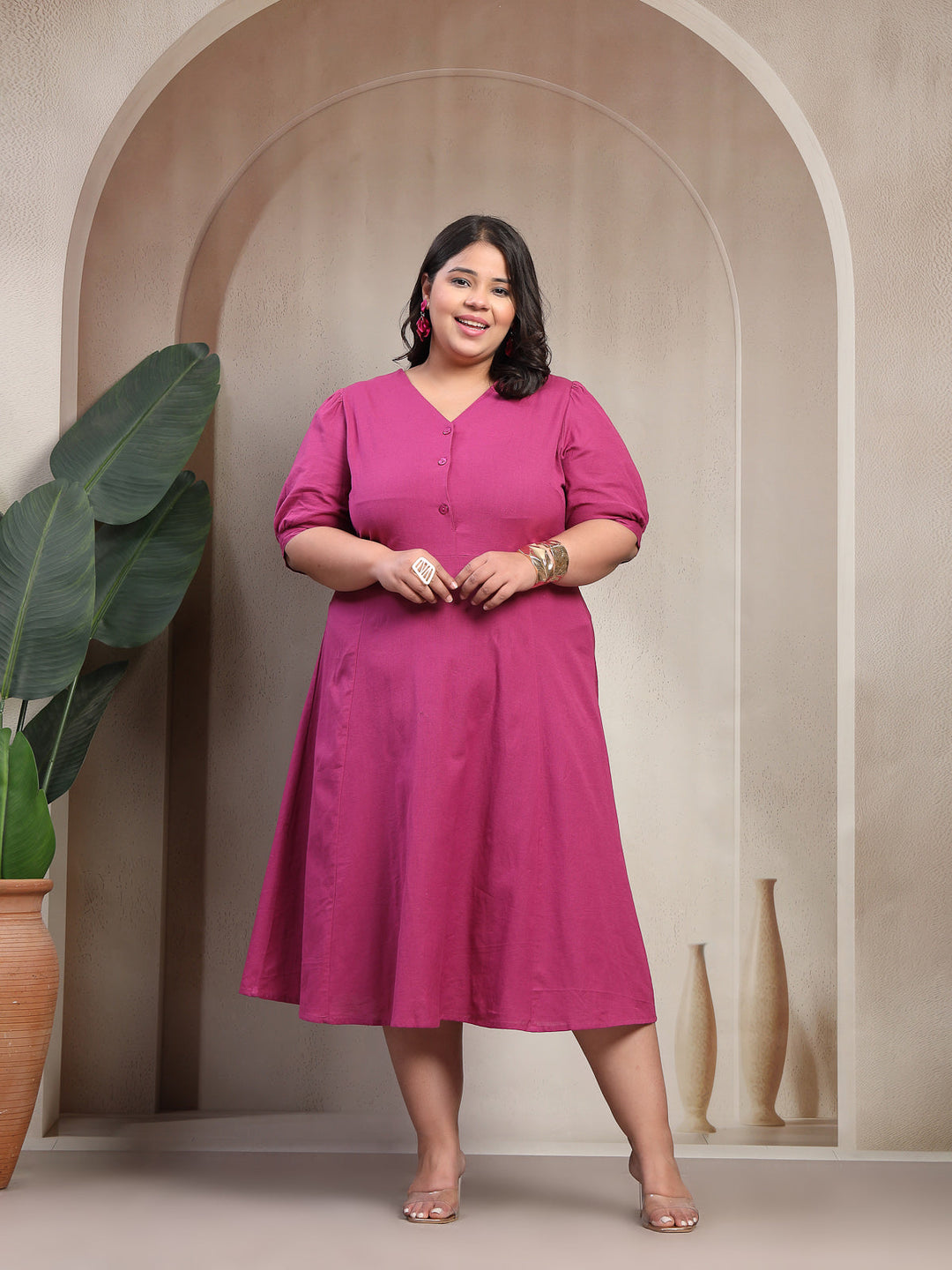 Plus Size Women Pink Solid Midi Dress