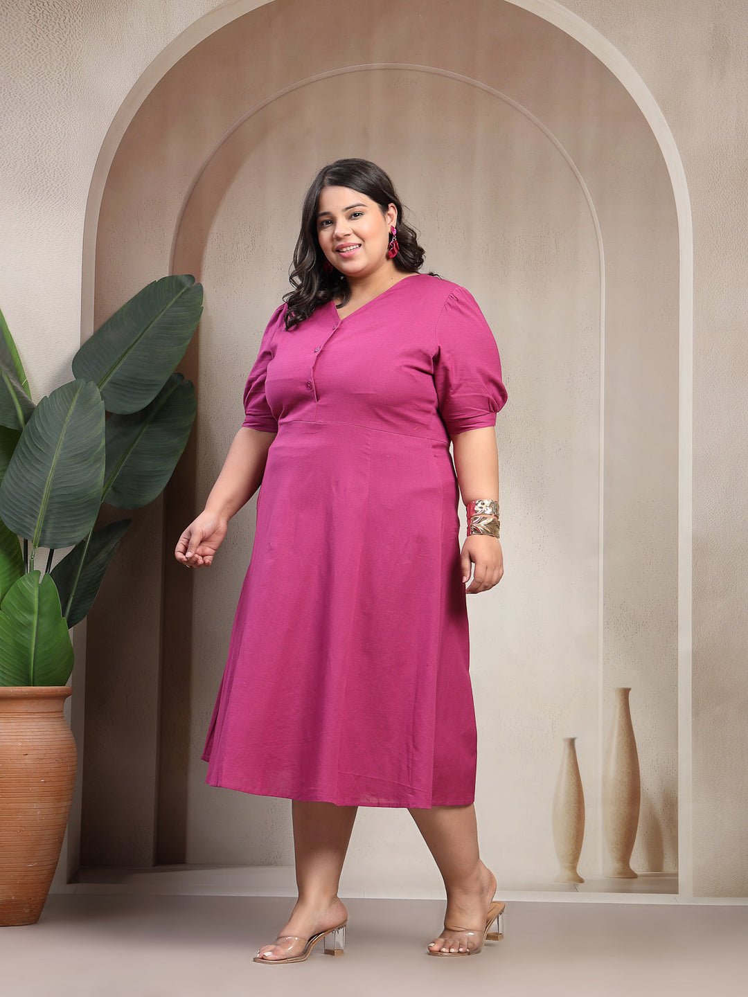 Plus Size Women Pink Solid Midi Dress