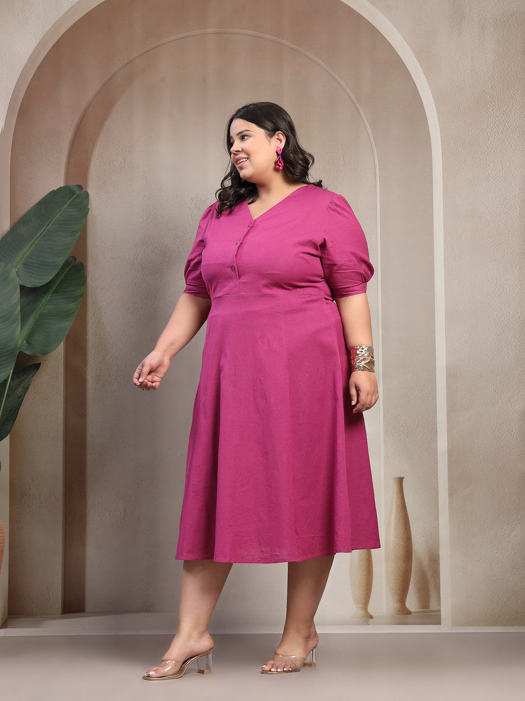 Plus Size Women Pink Solid Midi Dress