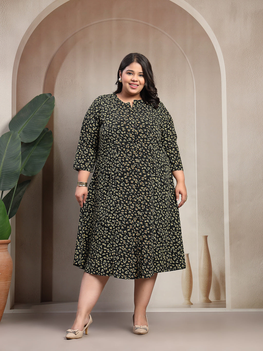 Plus Size Women Stunning Black Floral Volume Play Dress