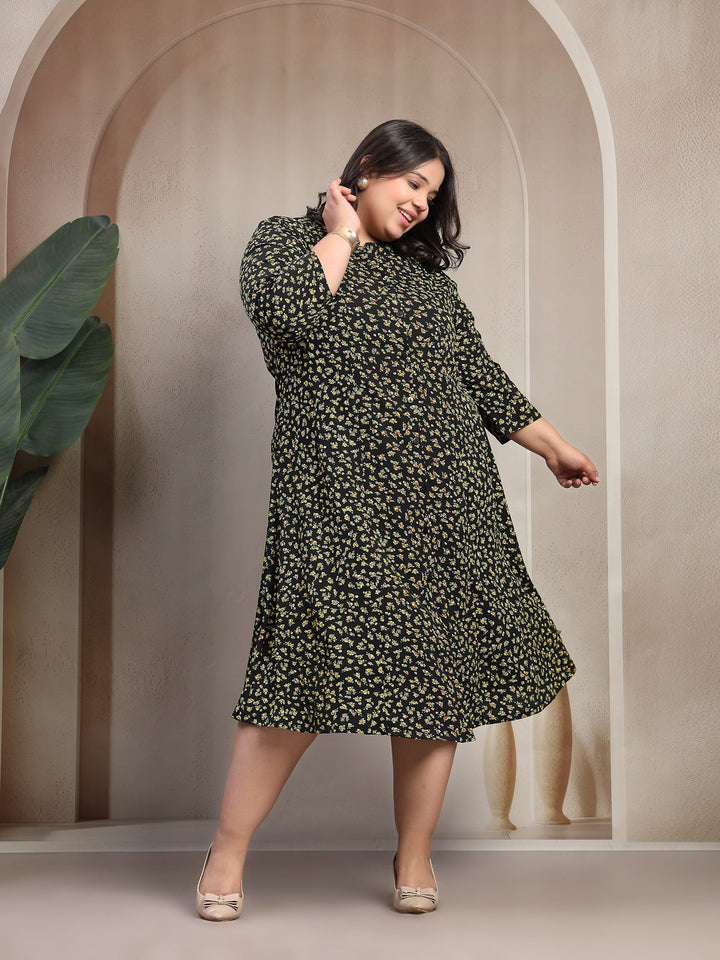 Plus Size Women Stunning Black Floral Volume Play Dress