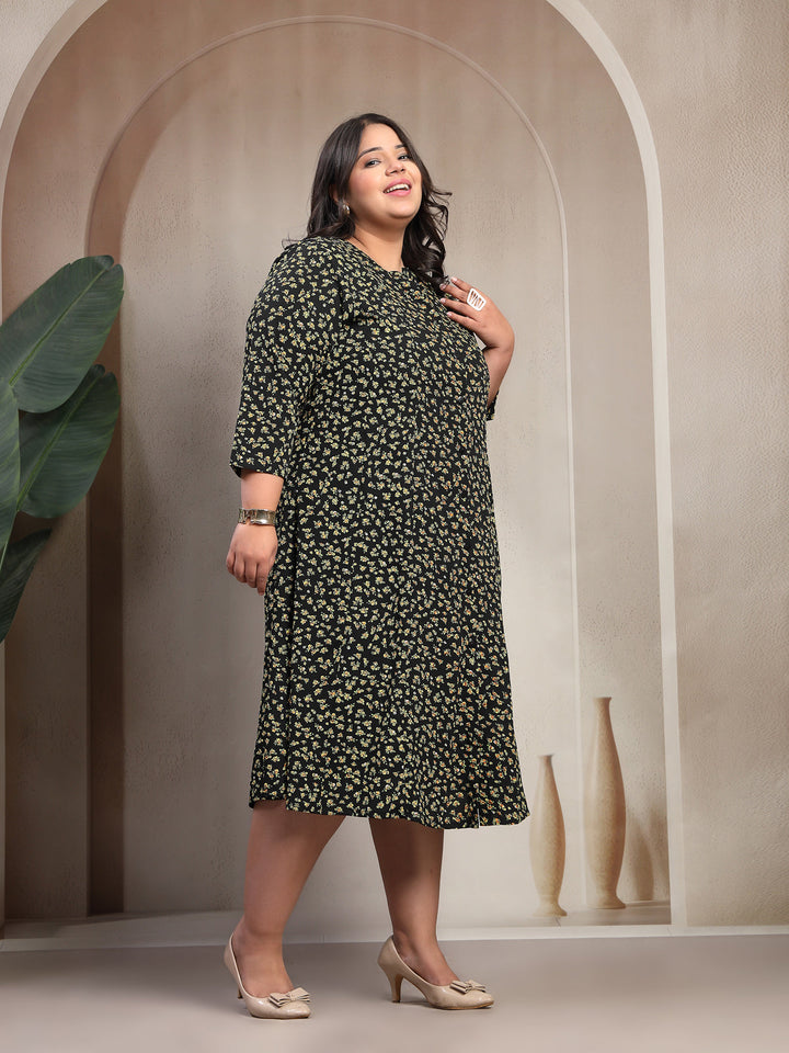 Plus Size Women Stunning Black Floral Volume Play Dress