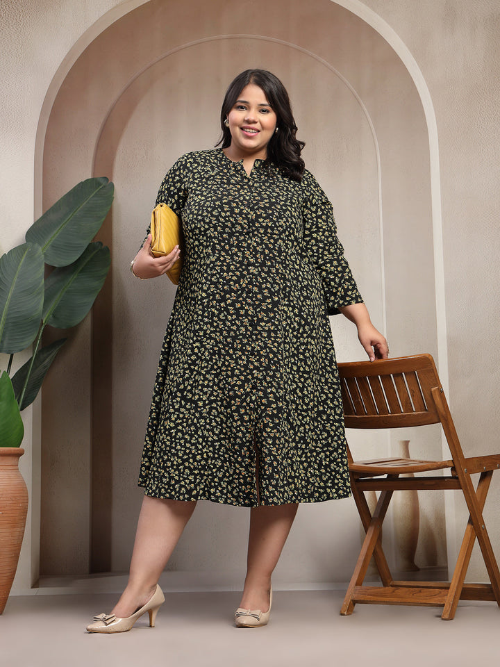 Plus Size Women Stunning Black Floral Volume Play Dress
