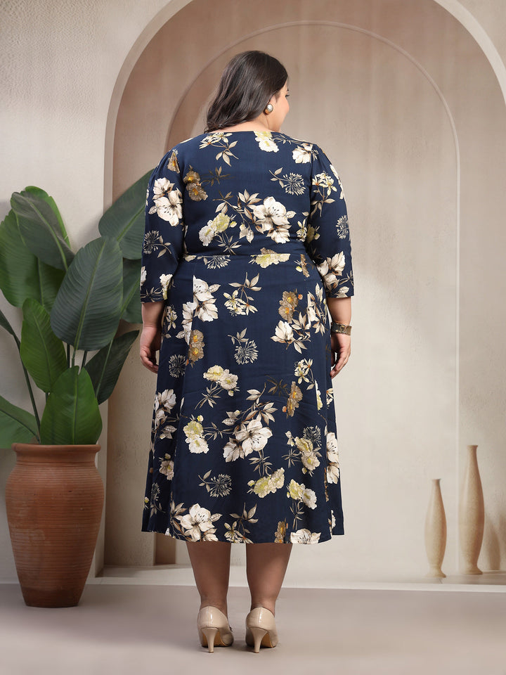 Plus Size Women Floral Printed V-Neck Puff Sleeves Fit And Flare Midi Dress