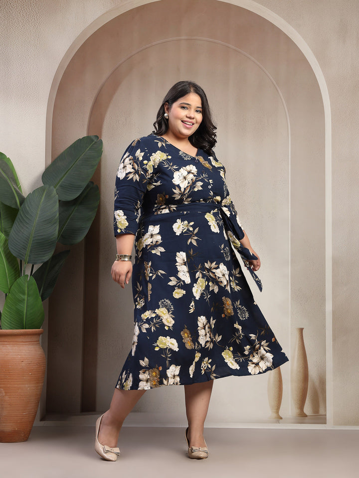 Plus Size Women Floral Printed V-Neck Puff Sleeves Fit And Flare Midi Dress