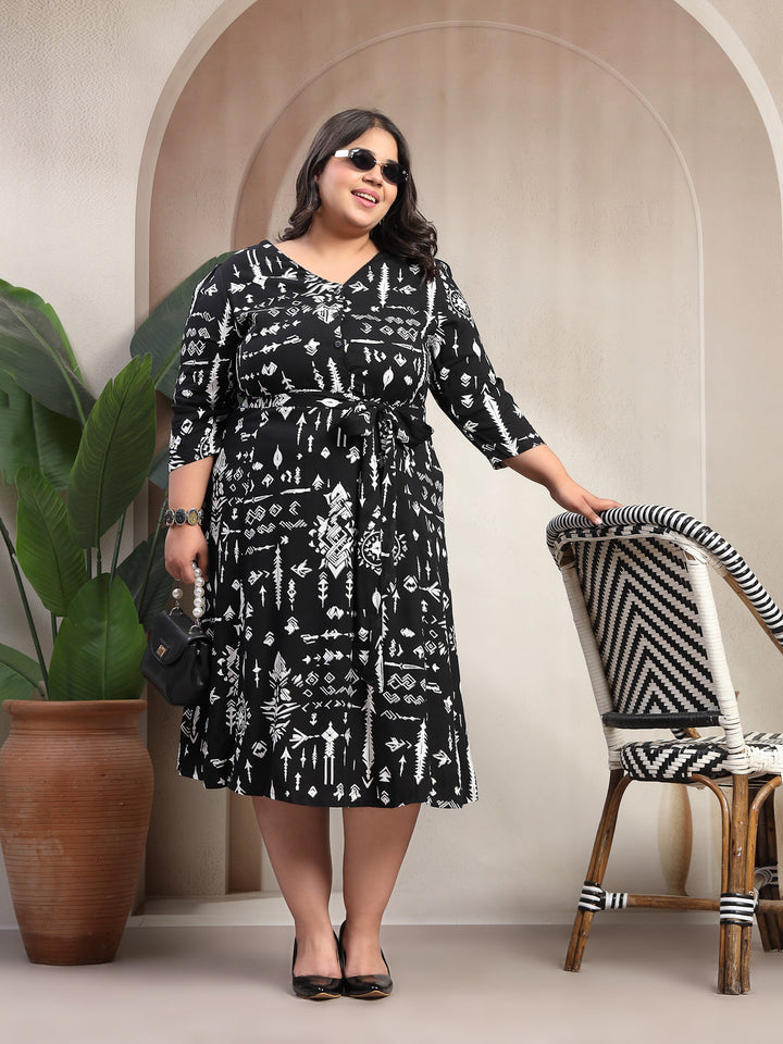 Plus Size Abstract Printed Puff Sleeve Midi Dress