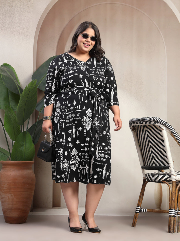 Plus Size Abstract Printed Puff Sleeve Midi Dress
