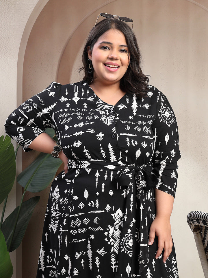 Plus Size Abstract Printed Puff Sleeve Midi Dress