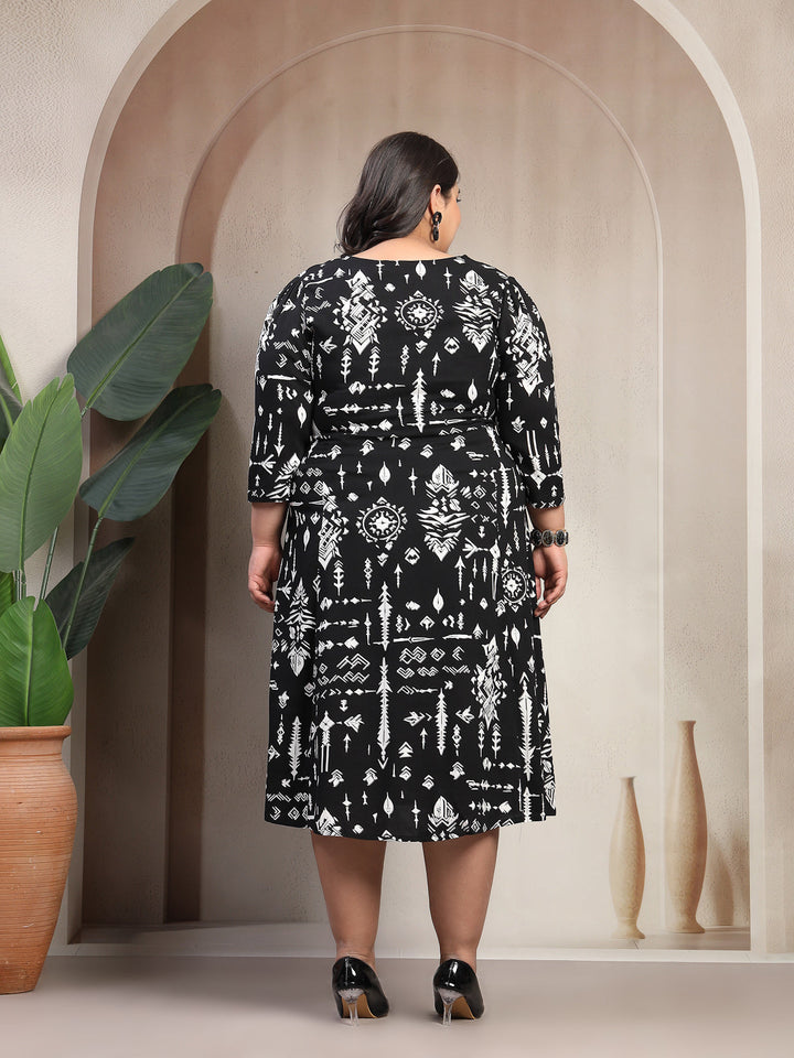 Plus Size Abstract Printed Puff Sleeve Midi Dress