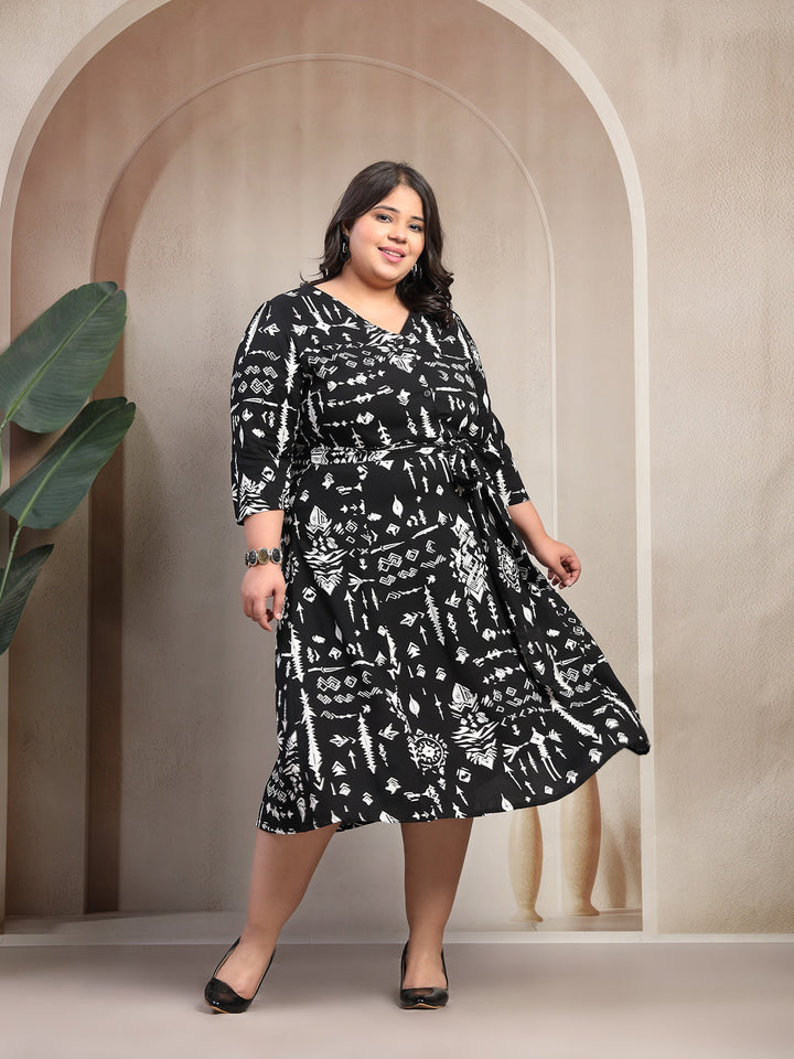 Plus Size Abstract Printed Puff Sleeve Midi Dress