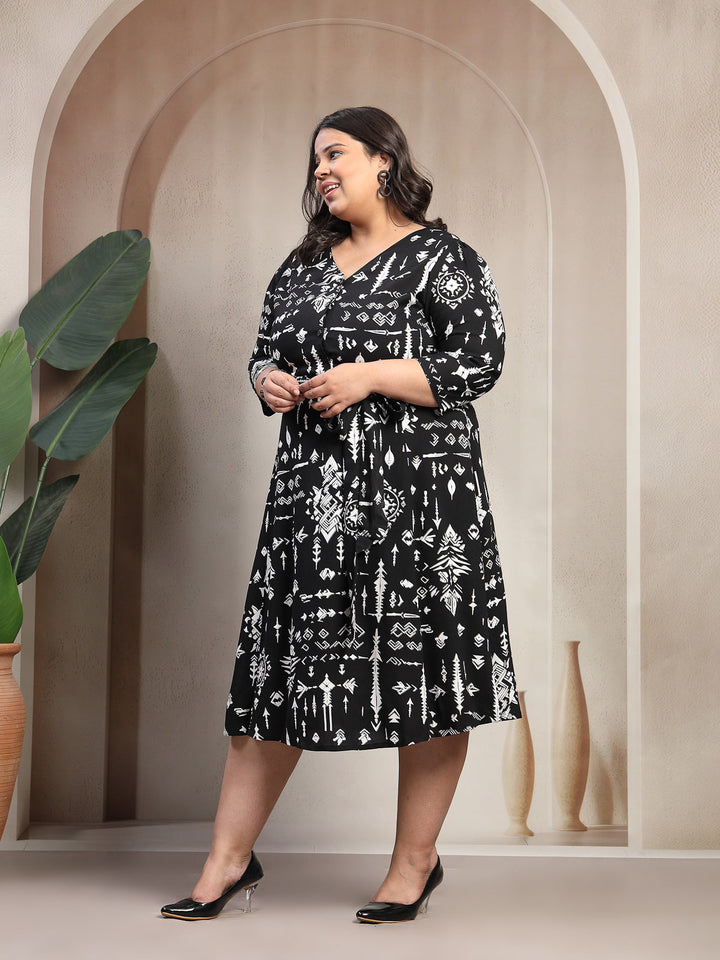 Plus Size Abstract Printed Puff Sleeve Midi Dress